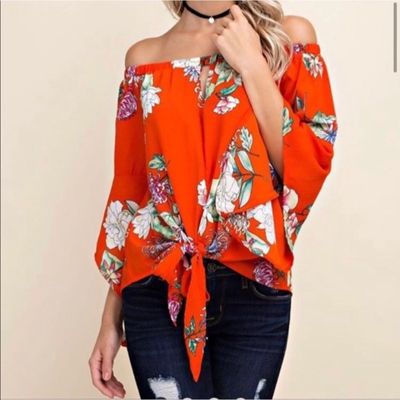 Tops - OFF THE SHOULDER FLORAL BLOUSE WITH FRONT TIE